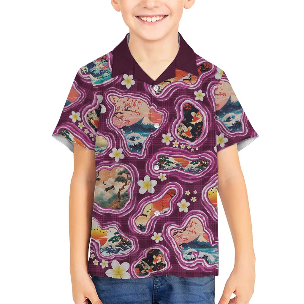 Hawaii Islands Map Design with Japanese Landscape Family Matching Off Shoulder Short Dress and Hawaiian Shirt Hawaiian Japan Fusion Art Pink Color LT03 Son's Shirt Pink - Polynesian Pride