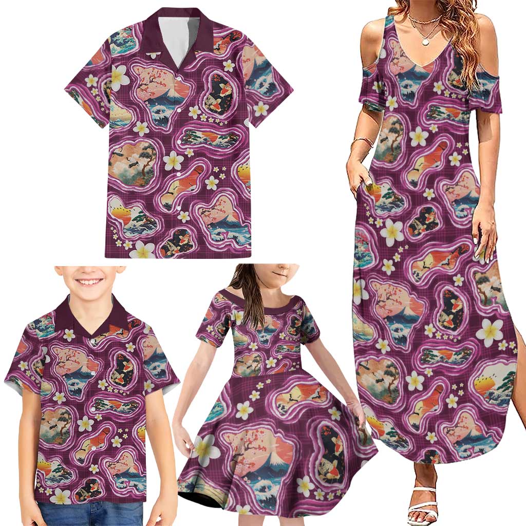 Hawaii Islands Map Design with Japanese Landscape Family Matching Summer Maxi Dress and Hawaiian Shirt Hawaiian Japan Fusion Art Pink Color