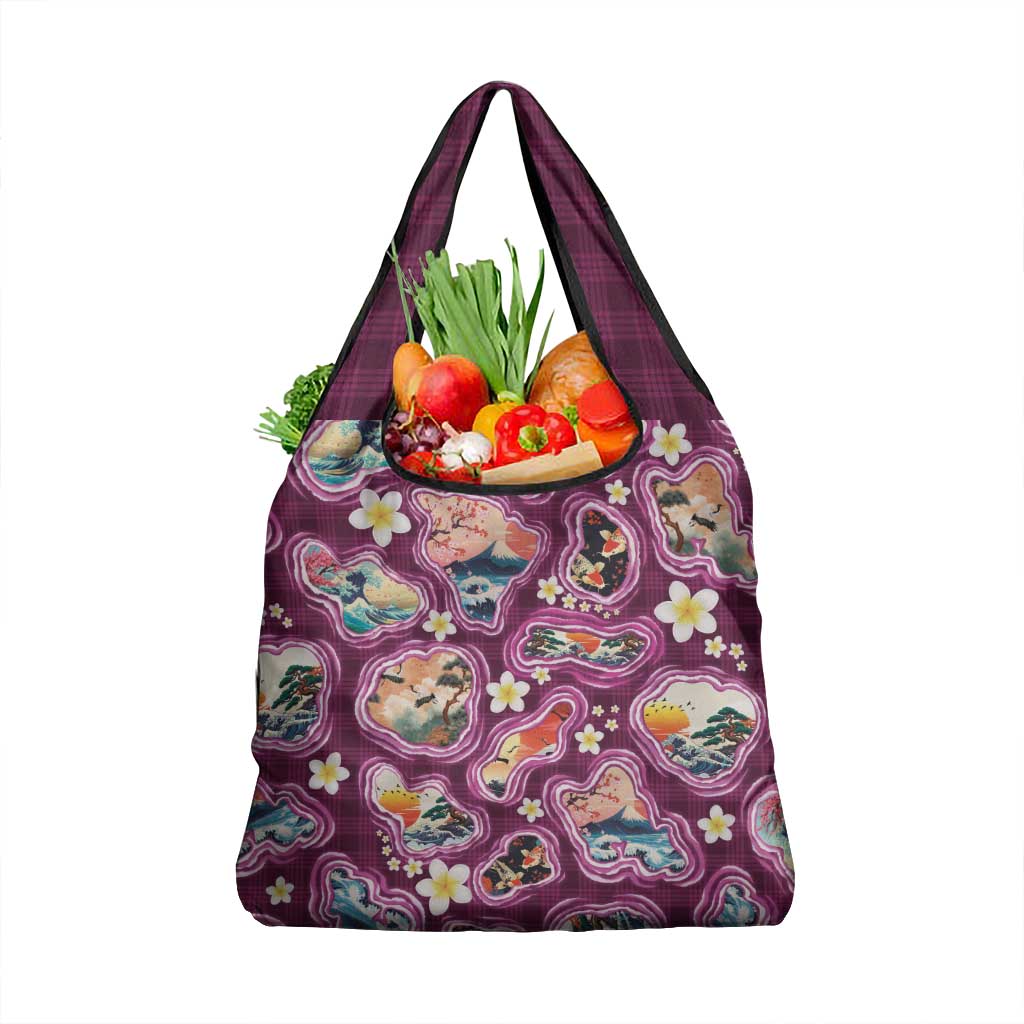 Hawaii Islands Map Design with Japanese Landscape Grocery Bag Hawaiian Japan Fusion Art Pink Color