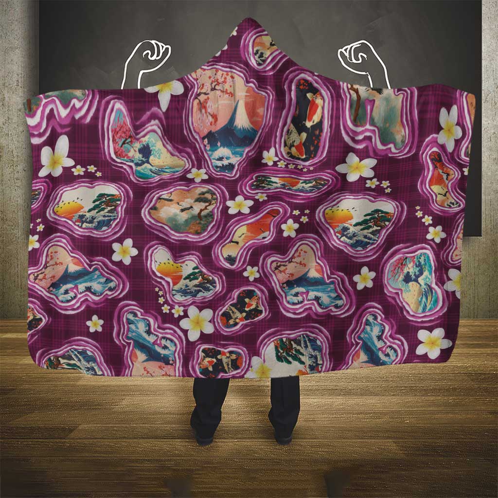 Hawaii Islands Map Design with Japanese Landscape Hooded Blanket Hawaiian Japan Fusion Art Pink Color