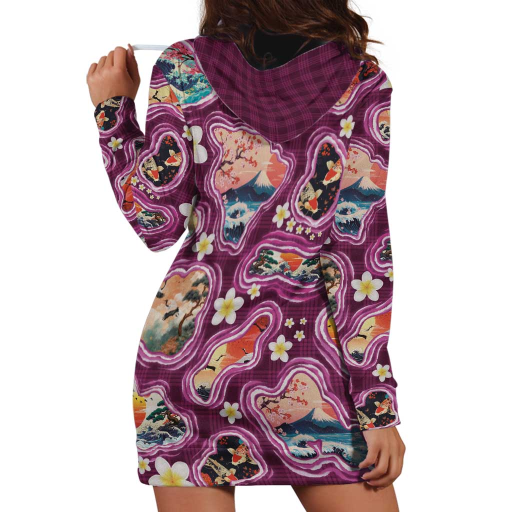 Hawaii Islands Map Design with Japanese Landscape Hoodie Dress Hawaiian Japan Fusion Art Pink Color