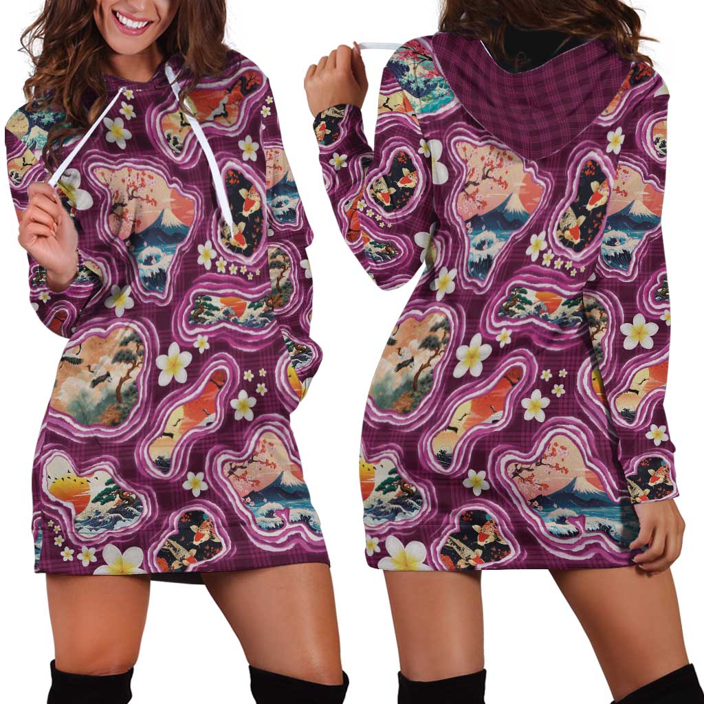 Hawaii Islands Map Design with Japanese Landscape Hoodie Dress Hawaiian Japan Fusion Art Pink Color