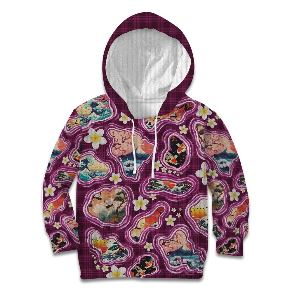 Hawaii Islands Map Design with Japanese Landscape Kid Hoodie Hawaiian Japan Fusion Art Pink Color LT03 Hoodie Pink - Polynesian Pride