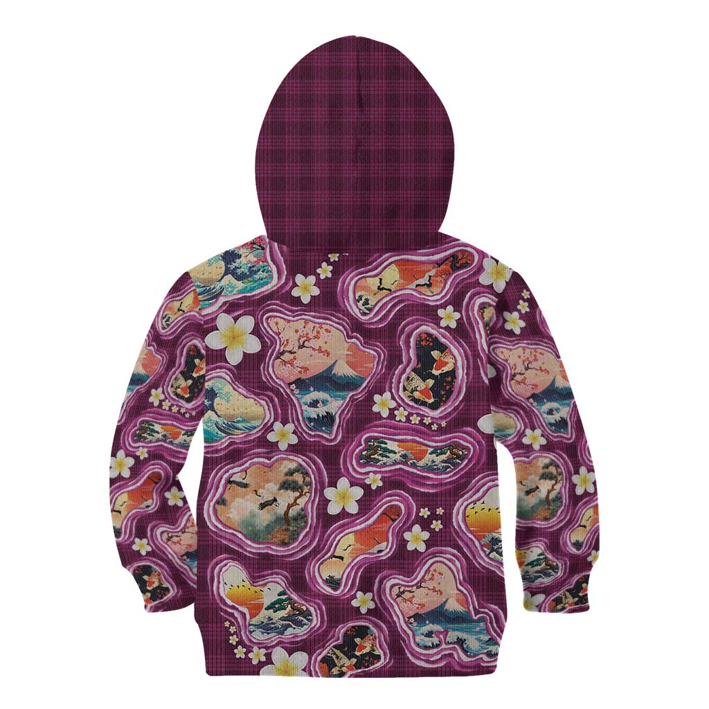 Hawaii Islands Map Design with Japanese Landscape Kid Hoodie Hawaiian Japan Fusion Art Pink Color LT03 - Polynesian Pride