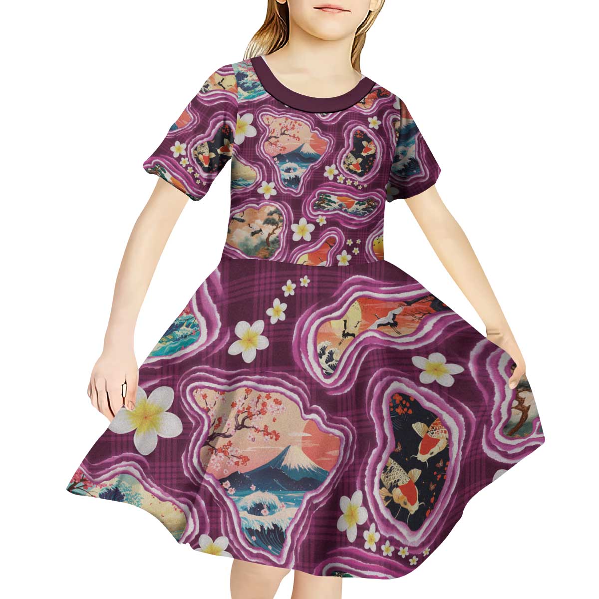 Hawaii Islands Map Design with Japanese Landscape Kid Short Sleeve Dress Hawaiian Japan Fusion Art Pink Color