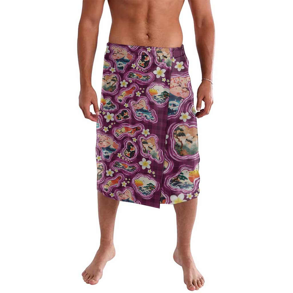 Hawaii Islands Map Design with Japanese Landscape Lavalava Hawaiian Japan Fusion Art Pink Color