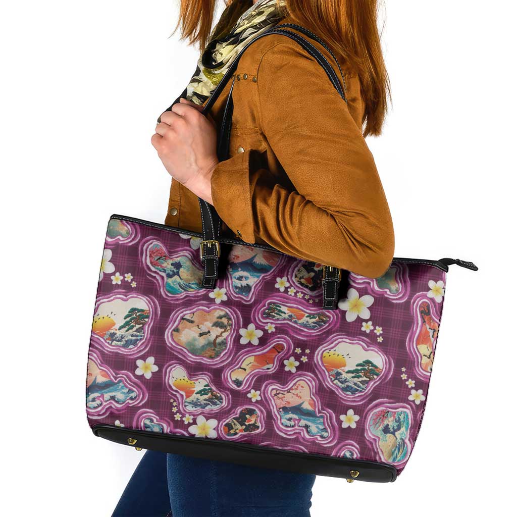 Hawaii Islands Map Design with Japanese Landscape Leather Tote Bag Hawaiian Japan Fusion Art Pink Color