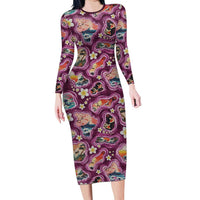 Hawaii Islands Map Design with Japanese Landscape Long Sleeve Bodycon Dress Hawaiian Japan Fusion Art Pink Color