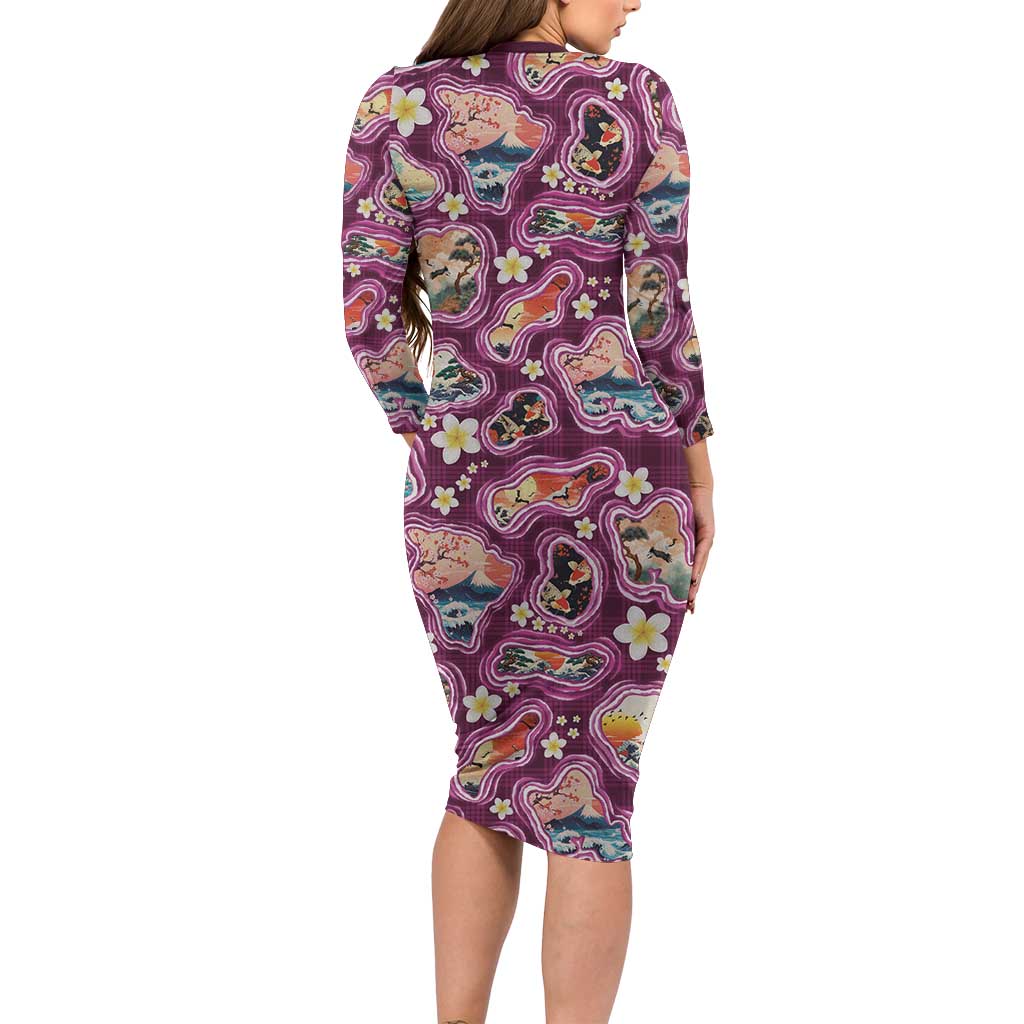 Hawaii Islands Map Design with Japanese Landscape Long Sleeve Bodycon Dress Hawaiian Japan Fusion Art Pink Color