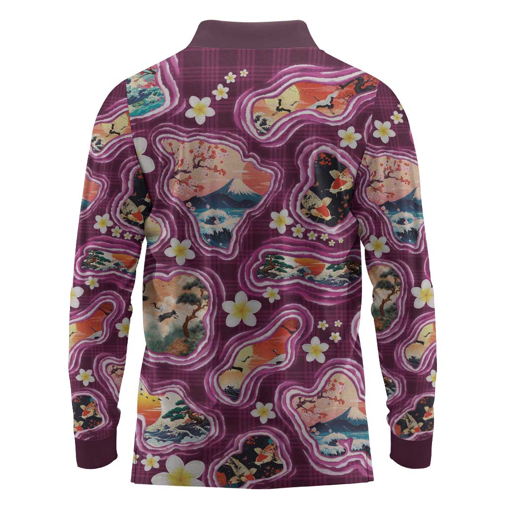 Hawaii Islands Map Design with Japanese Landscape Long Sleeve Polo Shirt Hawaiian Japan Fusion Art Pink Color