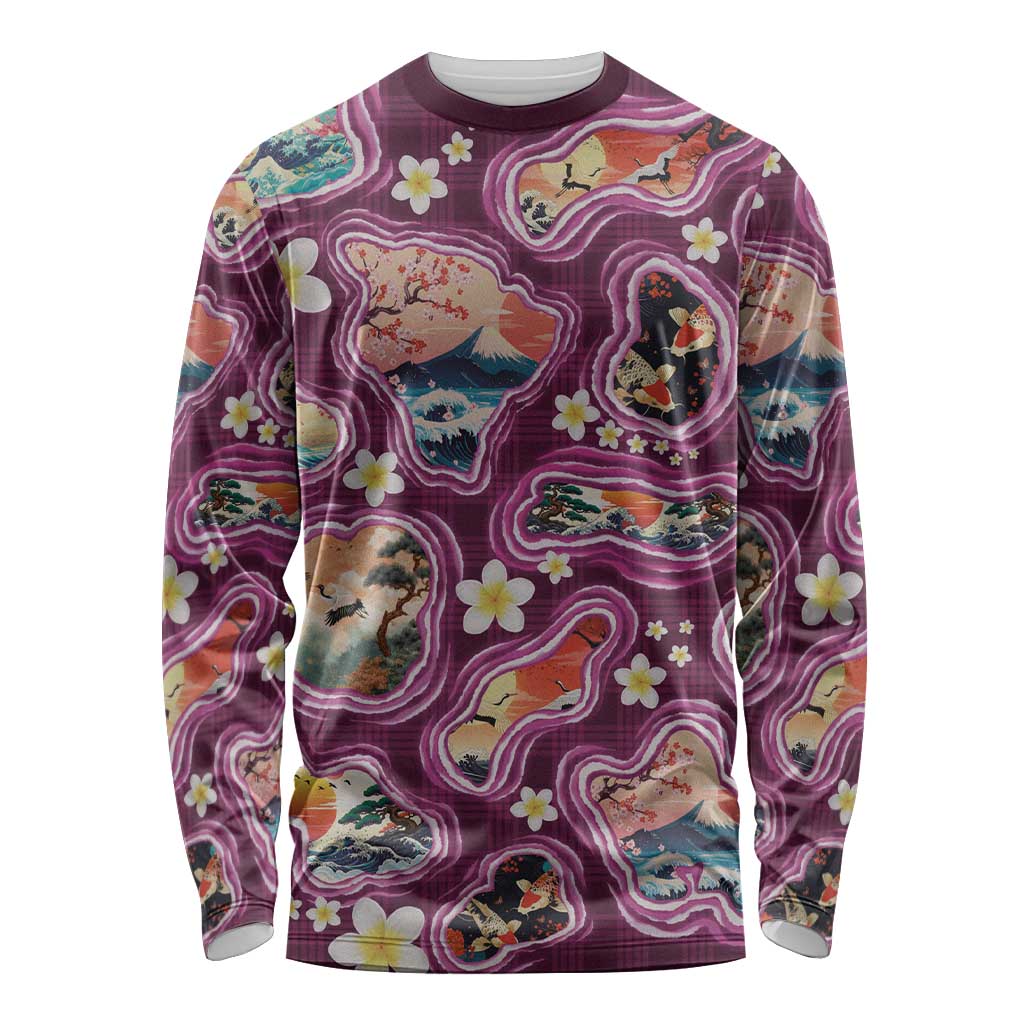 Hawaii Islands Map Design with Japanese Landscape Long Sleeve Shirt Hawaiian Japan Fusion Art Pink Color