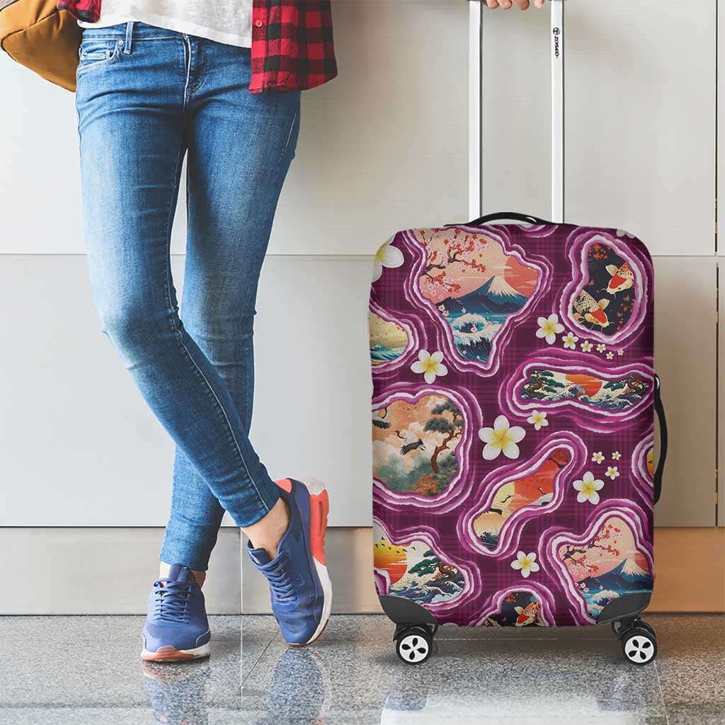 Hawaii Islands Map Design with Japanese Landscape Luggage Cover Hawaiian Japan Fusion Art Pink Color