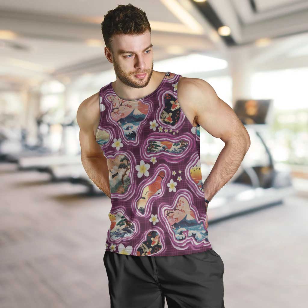 Hawaii Islands Map Design with Japanese Landscape Men Tank Top Hawaiian Japan Fusion Art Pink Color