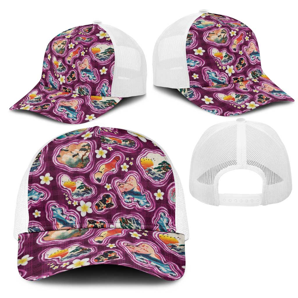 Hawaii Islands Map Design with Japanese Landscape Mesh Trucker Cap Hawaiian Japan Fusion Art Pink Color