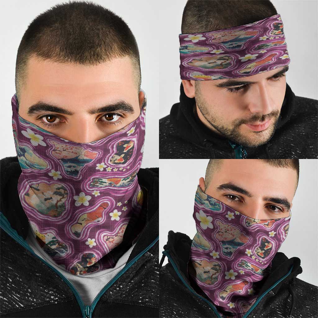 Hawaii Islands Map Design with Japanese Landscape Neck Gaiter Hawaiian Japan Fusion Art Pink Color LT03 - Polynesian Pride