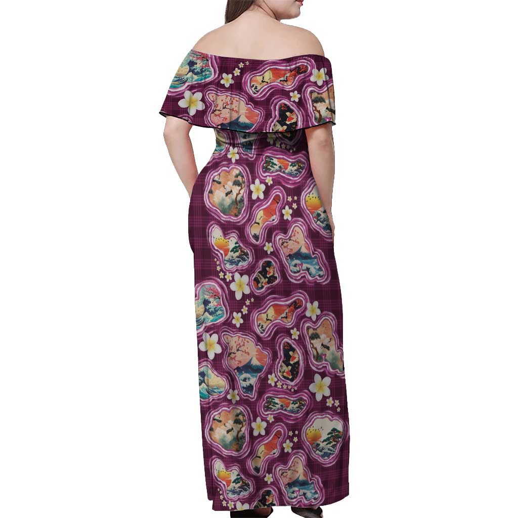 Hawaii Islands Map Design with Japanese Landscape Off Shoulder Maxi Dress Hawaiian Japan Fusion Art Pink Color