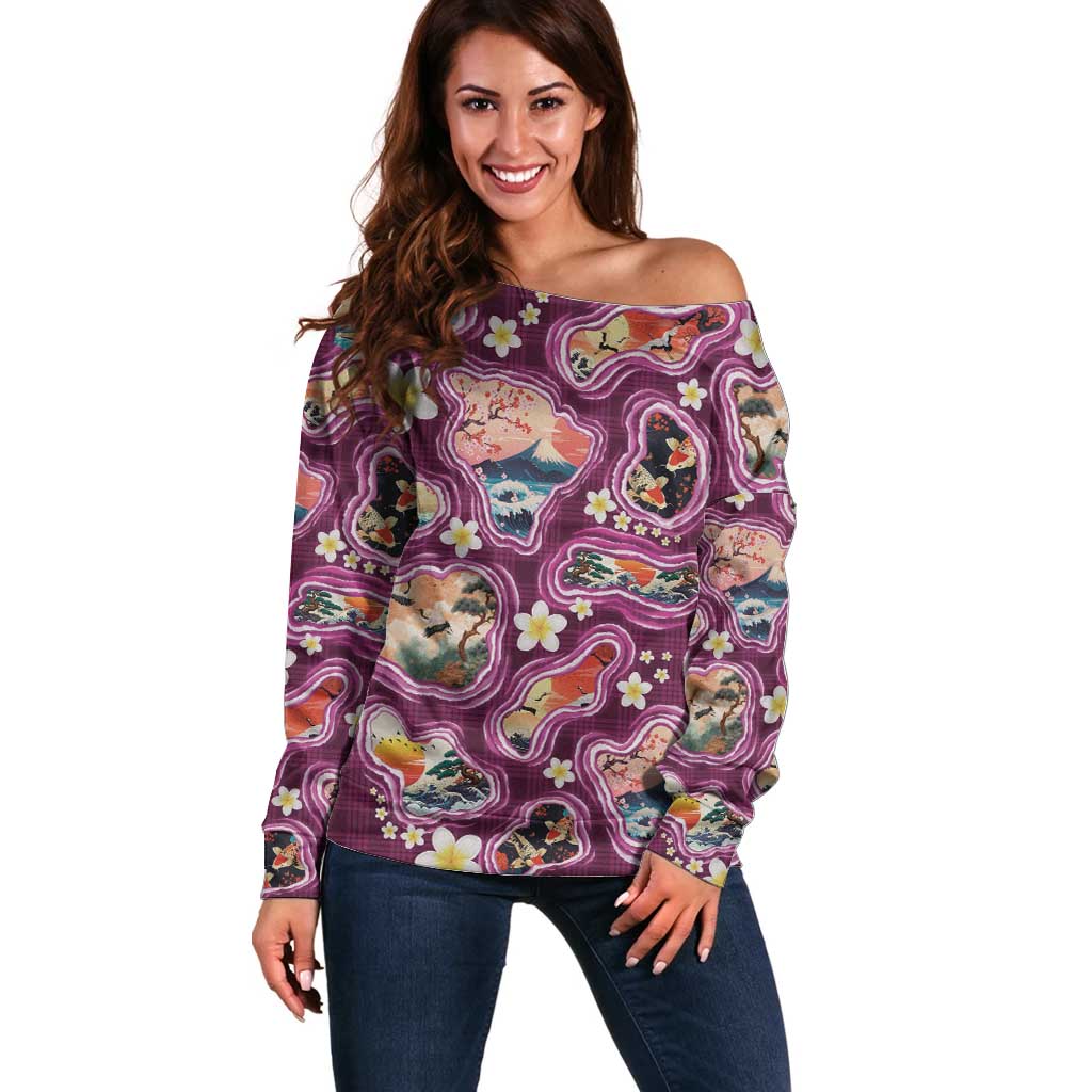 Hawaii Islands Map Design with Japanese Landscape Off Shoulder Sweater Hawaiian Japan Fusion Art Pink Color LT03 Women Pink - Polynesian Pride