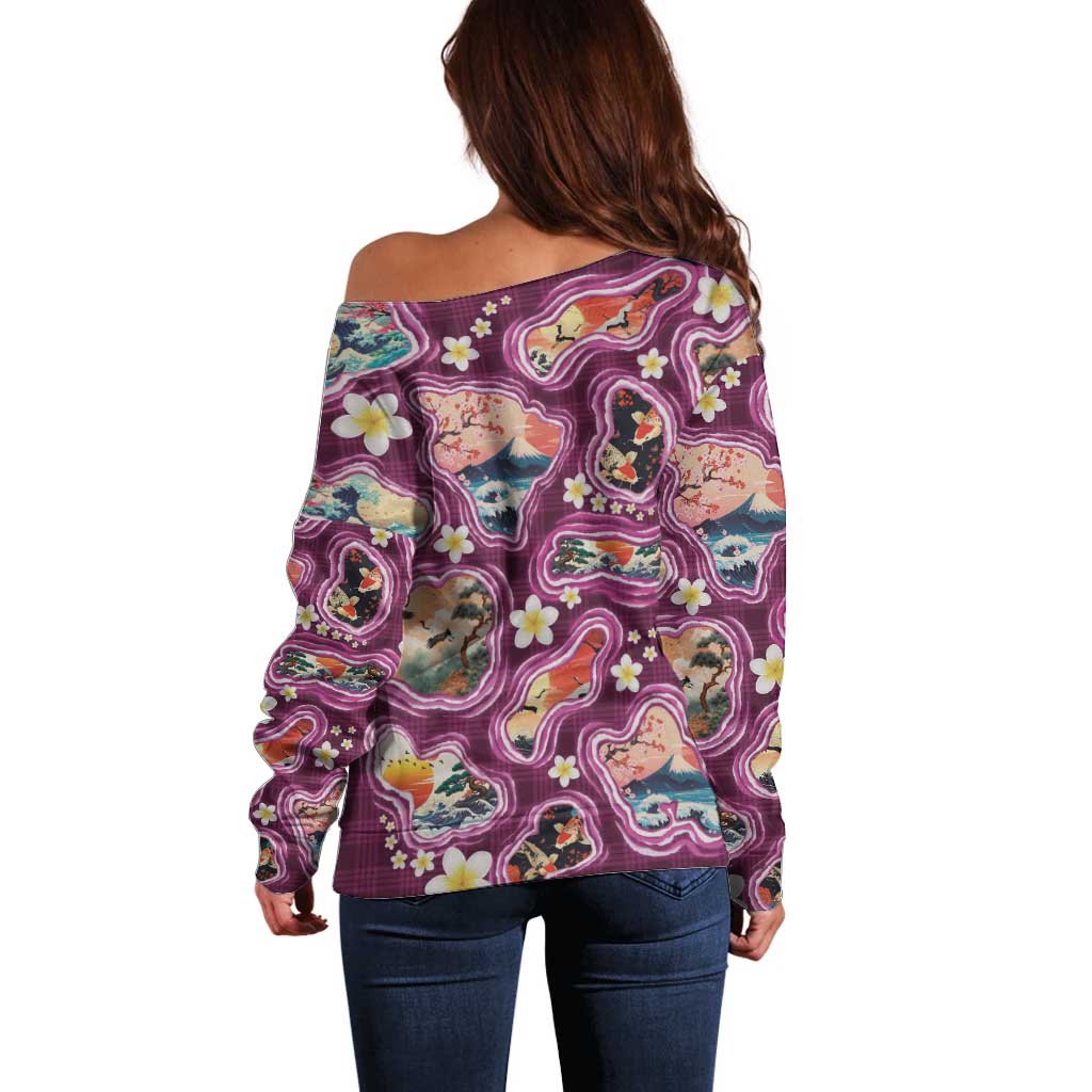 Hawaii Islands Map Design with Japanese Landscape Off Shoulder Sweater Hawaiian Japan Fusion Art Pink Color LT03 - Polynesian Pride