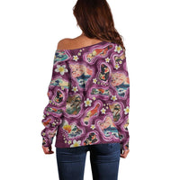 Hawaii Islands Map Design with Japanese Landscape Off Shoulder Sweater Hawaiian Japan Fusion Art Pink Color LT03 - Polynesian Pride