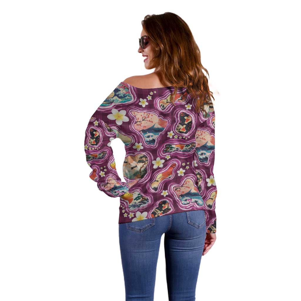 Hawaii Islands Map Design with Japanese Landscape Off Shoulder Sweater Hawaiian Japan Fusion Art Pink Color LT03 - Polynesian Pride