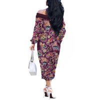 Hawaii Islands Map Design with Japanese Landscape Off The Shoulder Long Sleeve Dress Hawaiian Japan Fusion Art Pink Color