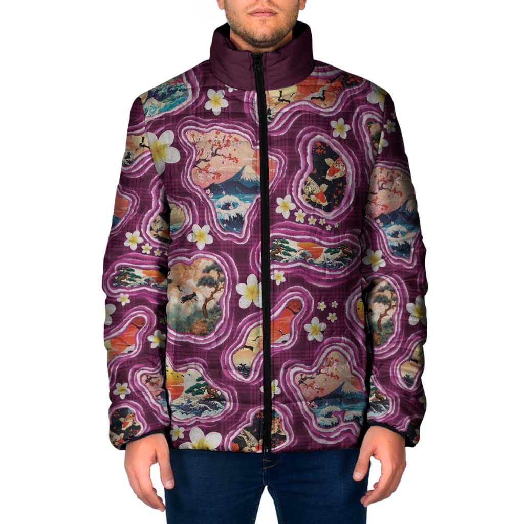 Hawaii Islands Map Design with Japanese Landscape Padded Jacket Hawaiian Japan Fusion Art Pink Color LT03 Men Pink - Polynesian Pride