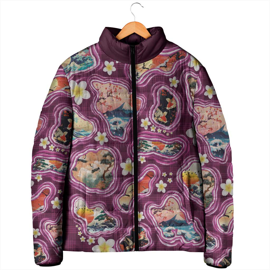 Hawaii Islands Map Design with Japanese Landscape Padded Jacket Hawaiian Japan Fusion Art Pink Color LT03 - Polynesian Pride