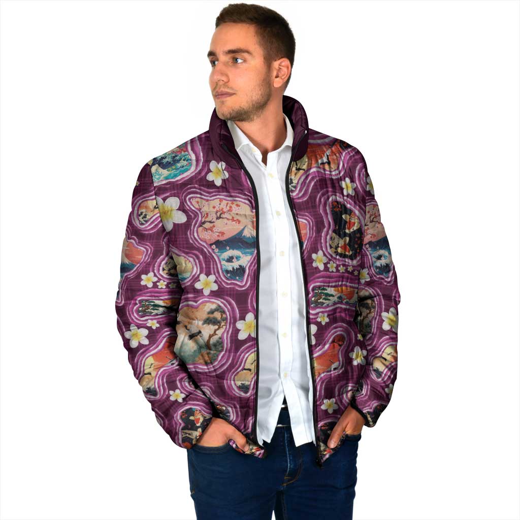 Hawaii Islands Map Design with Japanese Landscape Padded Jacket Hawaiian Japan Fusion Art Pink Color LT03 - Polynesian Pride