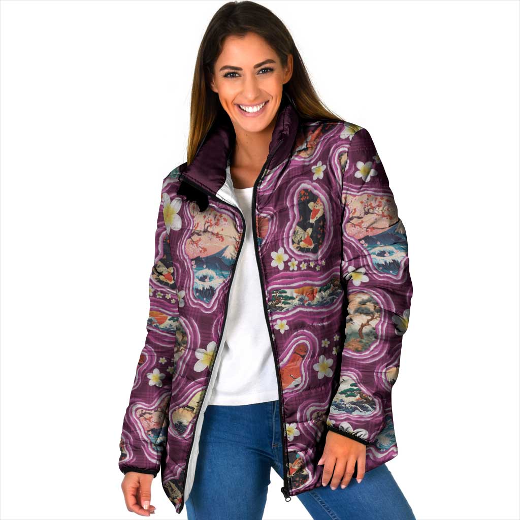 Hawaii Islands Map Design with Japanese Landscape Padded Jacket Hawaiian Japan Fusion Art Pink Color LT03 Women Pink - Polynesian Pride
