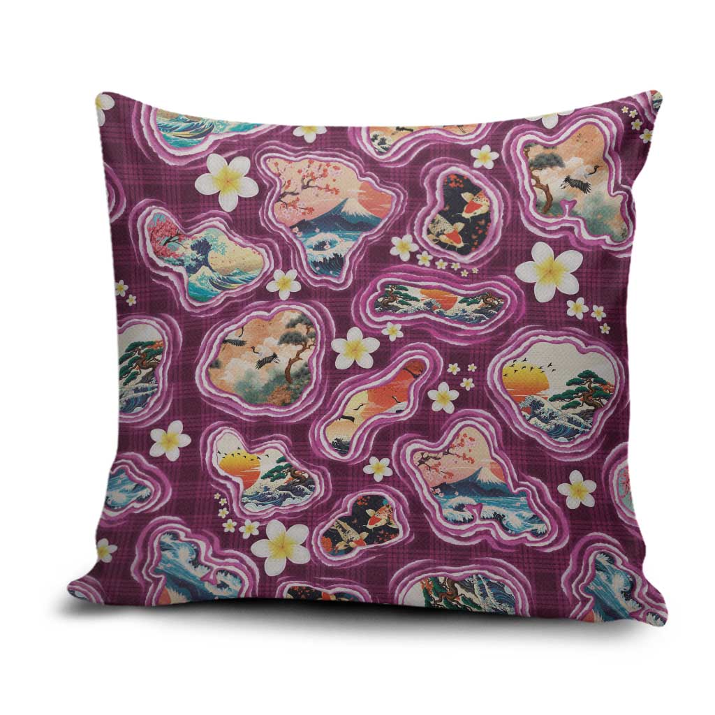 Hawaii Islands Map Design with Japanese Landscape Pillow Cover Hawaiian Japan Fusion Art Pink Color