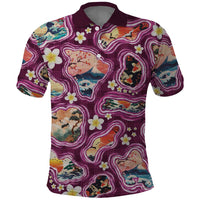Hawaii Islands Map Design with Japanese Landscape Polo Shirt Hawaiian Japan Fusion Art Pink Color
