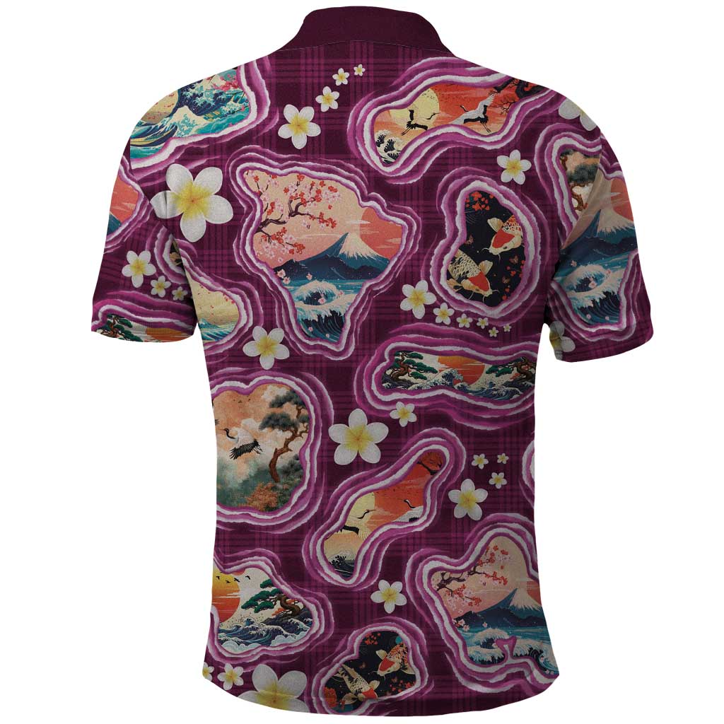 Hawaii Islands Map Design with Japanese Landscape Polo Shirt Hawaiian Japan Fusion Art Pink Color