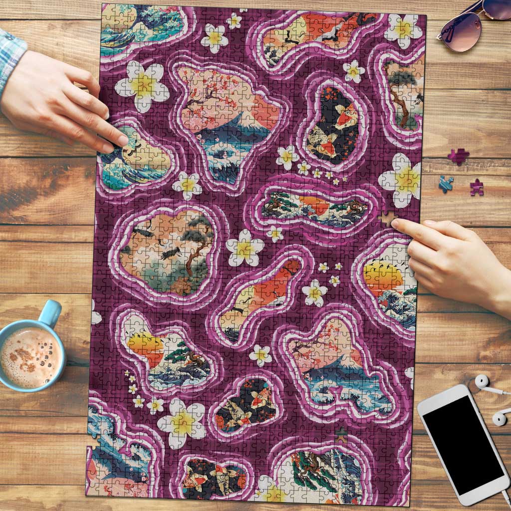 Hawaii Islands Map Design with Japanese Landscape Puzzle Hawaiian Japan Fusion Art Pink Color