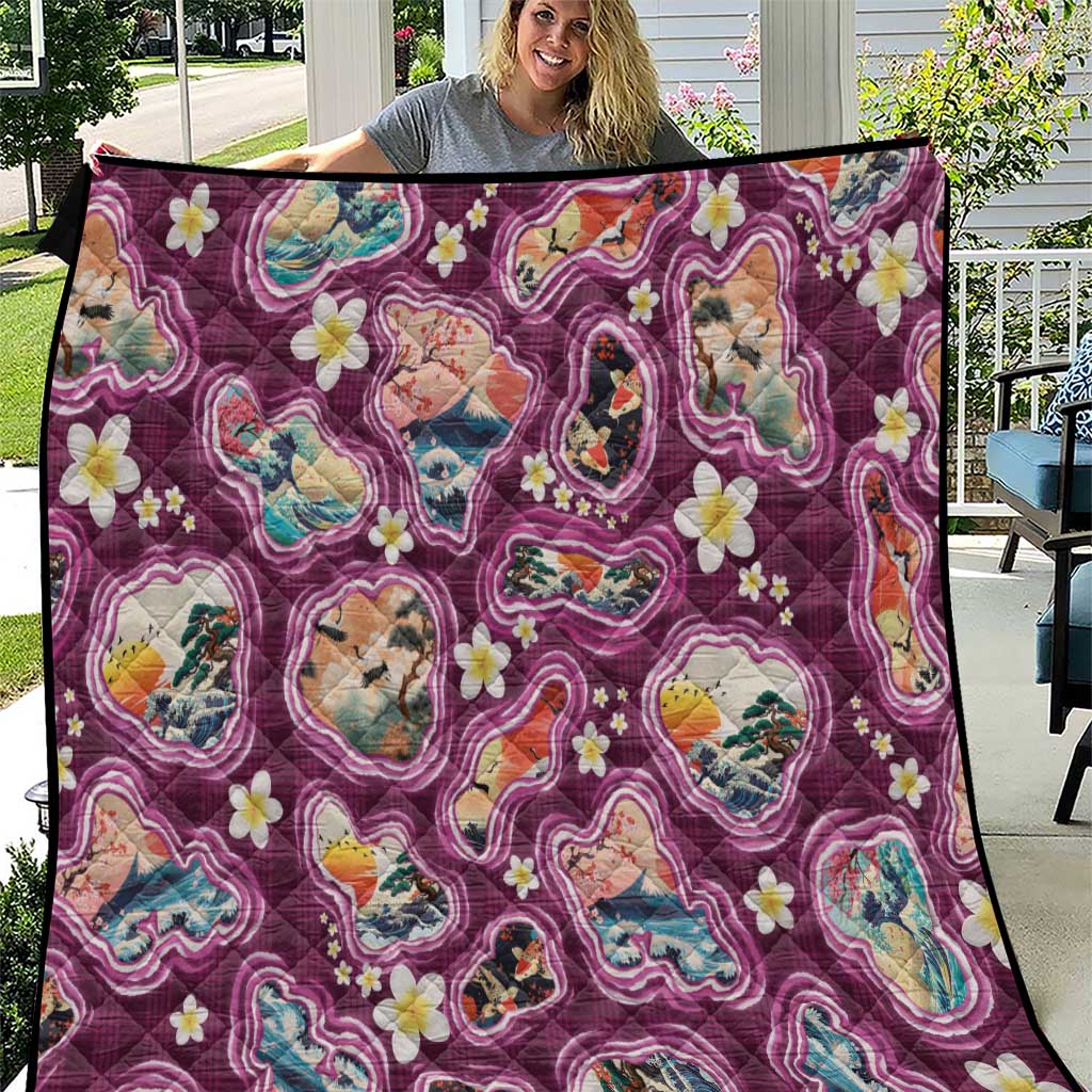 Hawaii Islands Map Design with Japanese Landscape Quilt Hawaiian Japan Fusion Art Pink Color