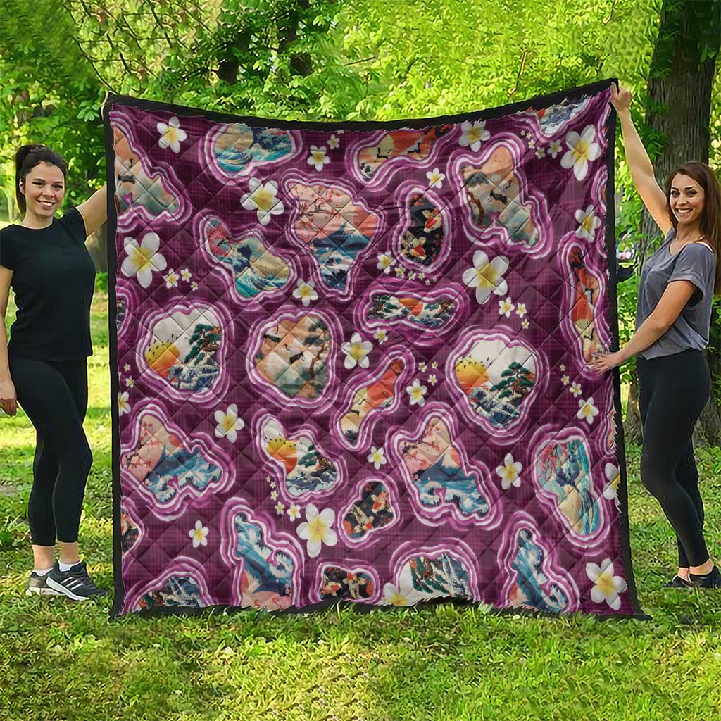 Hawaii Islands Map Design with Japanese Landscape Quilt Hawaiian Japan Fusion Art Pink Color
