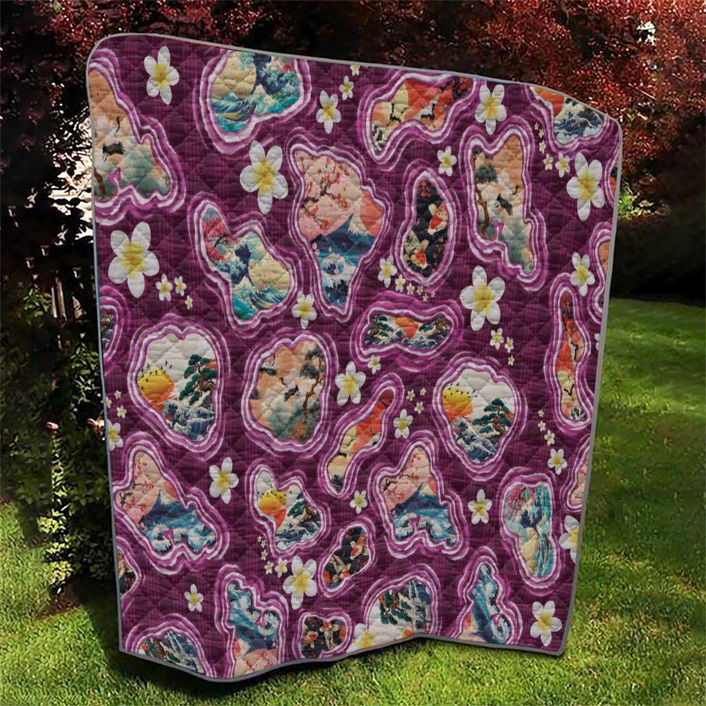 Hawaii Islands Map Design with Japanese Landscape Quilt Hawaiian Japan Fusion Art Pink Color