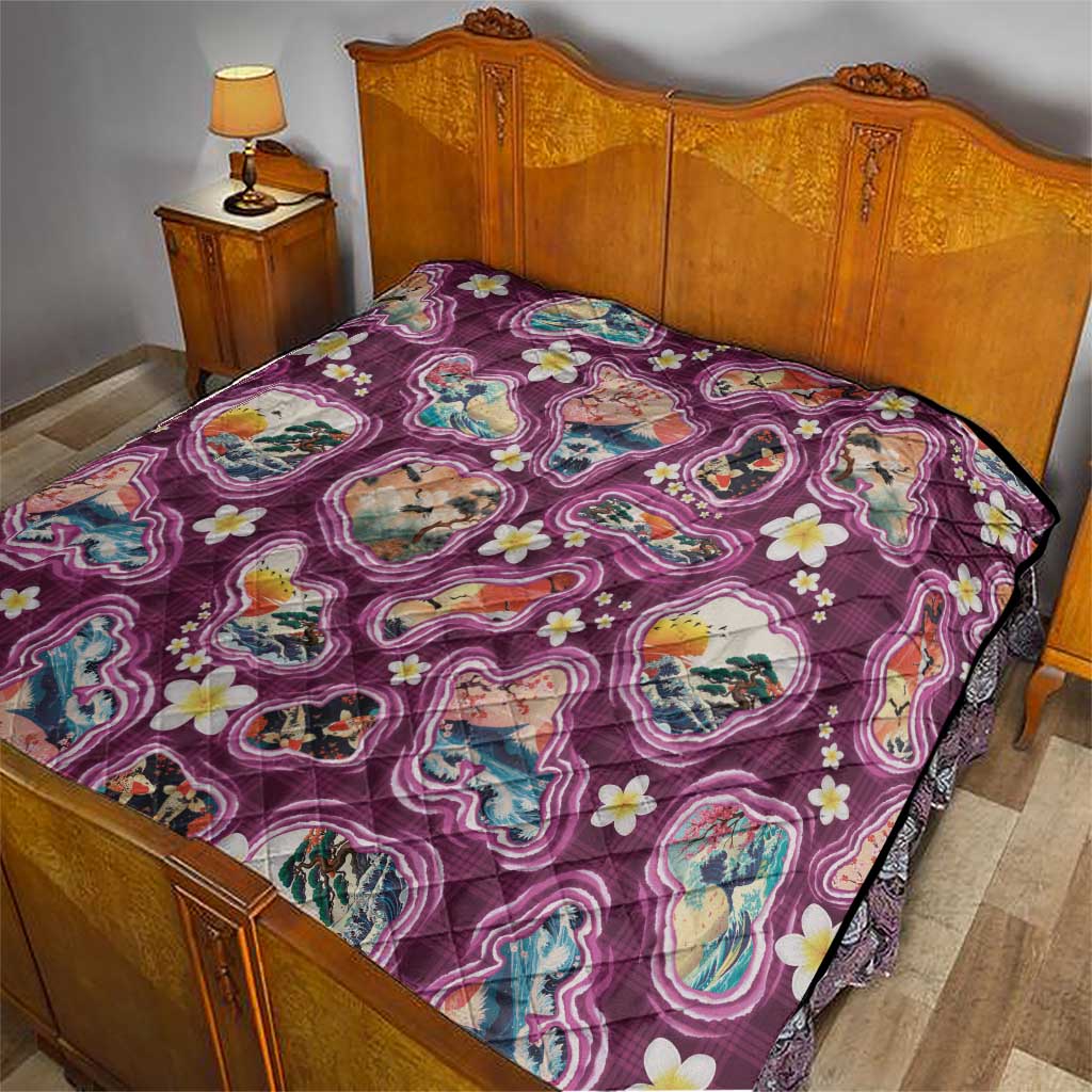 Hawaii Islands Map Design with Japanese Landscape Quilt Hawaiian Japan Fusion Art Pink Color
