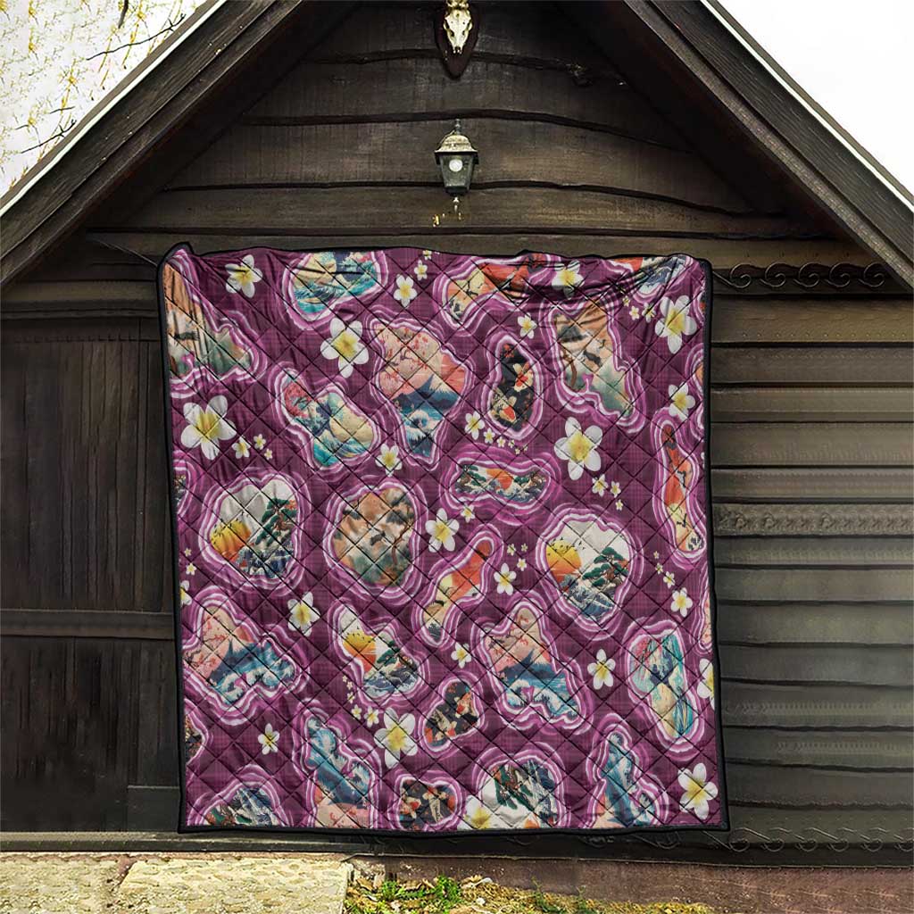 Hawaii Islands Map Design with Japanese Landscape Quilt Hawaiian Japan Fusion Art Pink Color