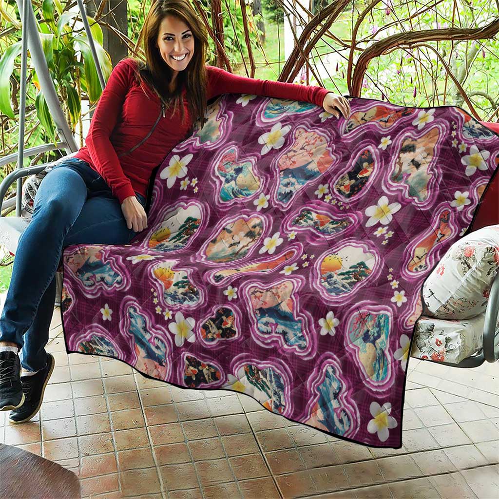 Hawaii Islands Map Design with Japanese Landscape Quilt Hawaiian Japan Fusion Art Pink Color