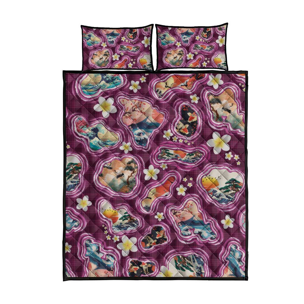 Hawaii Islands Map Design with Japanese Landscape Quilt Bed Set Hawaiian Japan Fusion Art Pink Color LT03 - Polynesian Pride