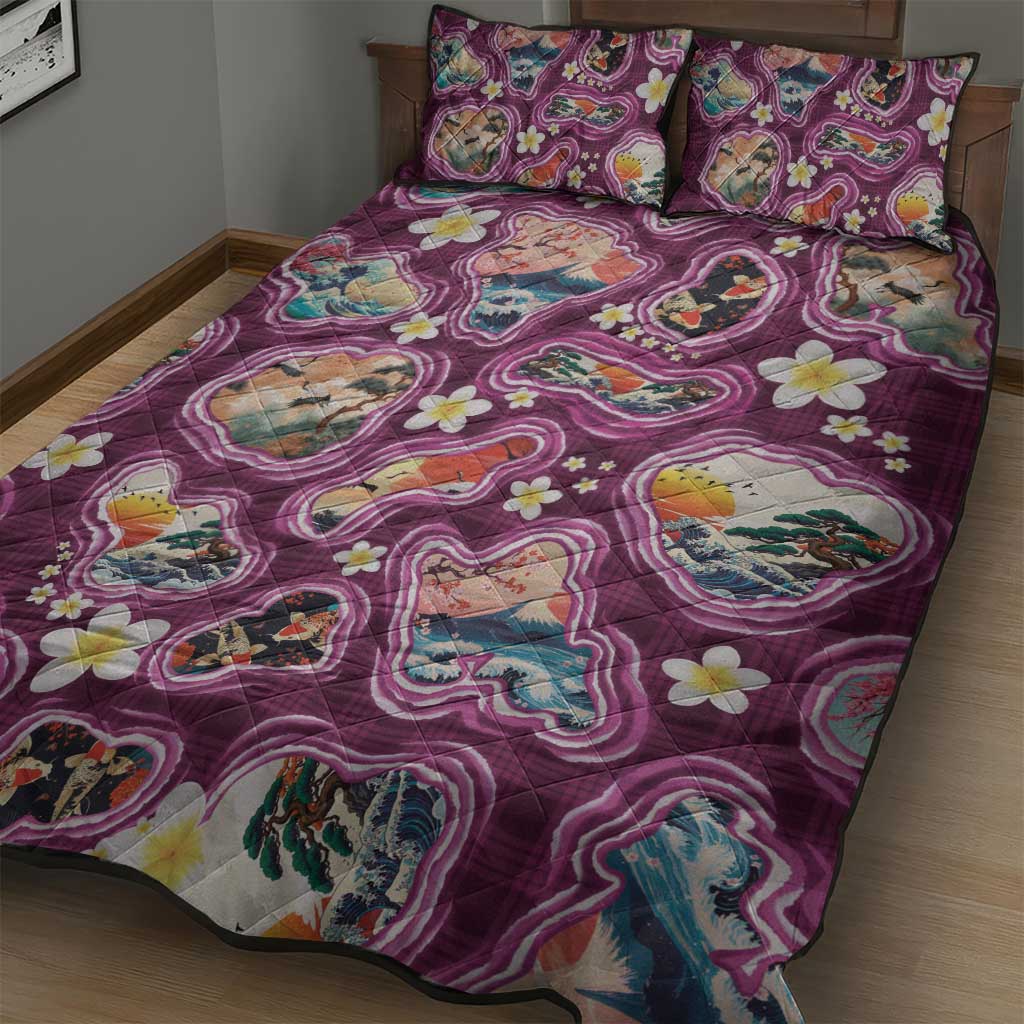 Hawaii Islands Map Design with Japanese Landscape Quilt Bed Set Hawaiian Japan Fusion Art Pink Color LT03 - Polynesian Pride