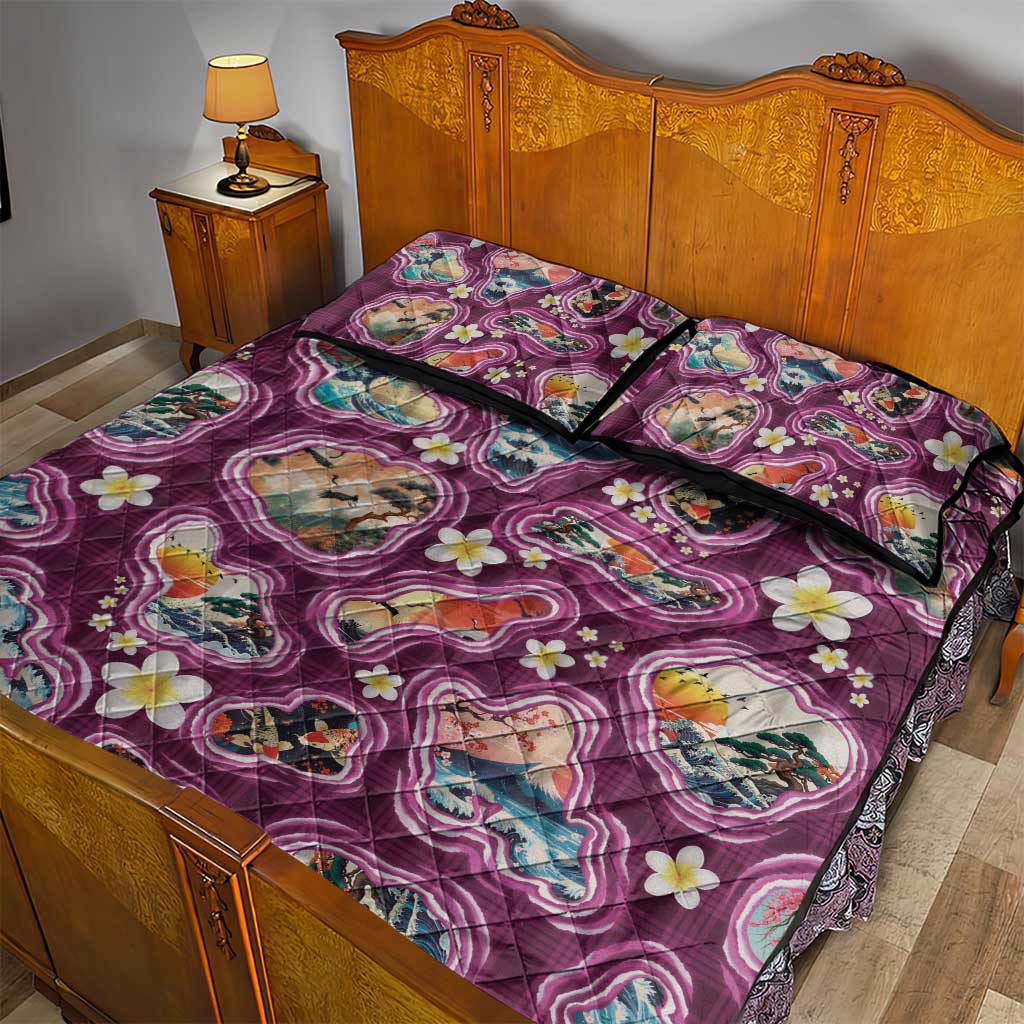 Hawaii Islands Map Design with Japanese Landscape Quilt Bed Set Hawaiian Japan Fusion Art Pink Color LT03 - Polynesian Pride