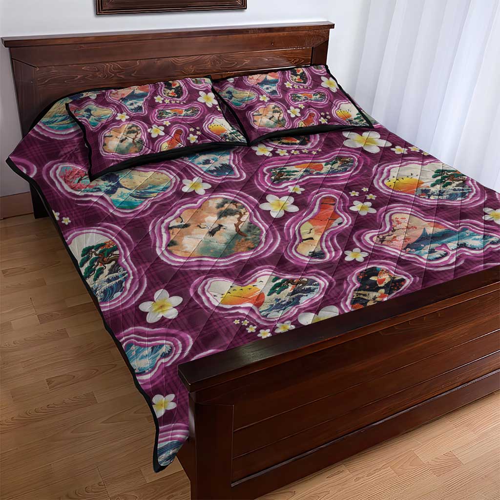Hawaii Islands Map Design with Japanese Landscape Quilt Bed Set Hawaiian Japan Fusion Art Pink Color LT03 - Polynesian Pride