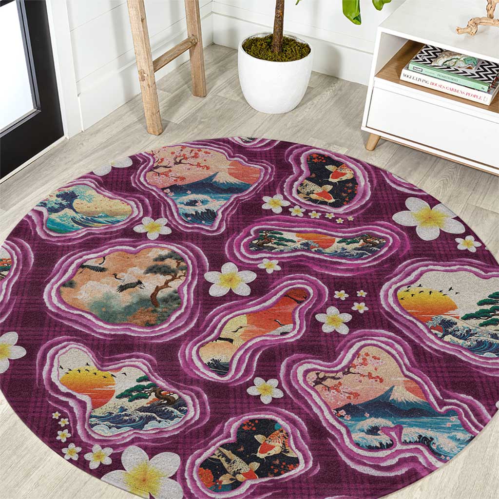 Hawaii Islands Map Design with Japanese Landscape Round Carpet Hawaiian Japan Fusion Art Pink Color LT03 Pink - Polynesian Pride