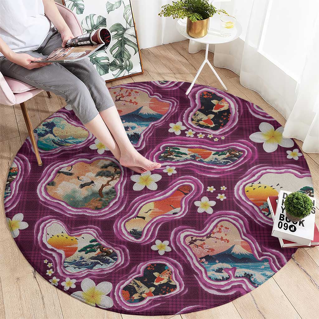 Hawaii Islands Map Design with Japanese Landscape Round Carpet Hawaiian Japan Fusion Art Pink Color LT03 - Polynesian Pride