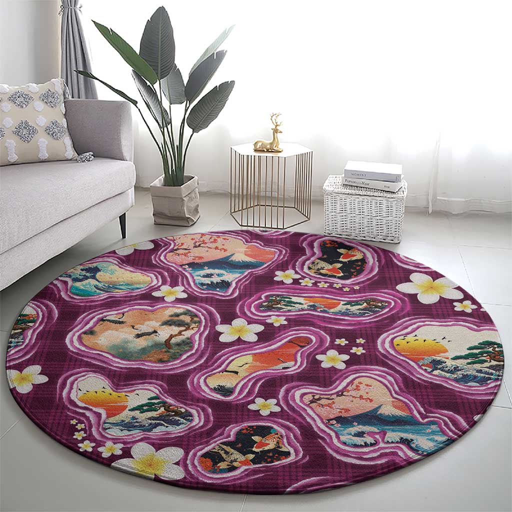 Hawaii Islands Map Design with Japanese Landscape Round Carpet Hawaiian Japan Fusion Art Pink Color LT03 - Polynesian Pride