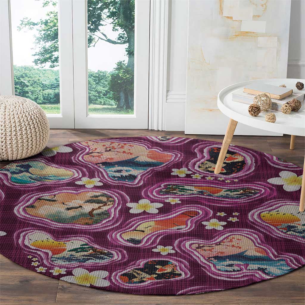 Hawaii Islands Map Design with Japanese Landscape Round Carpet Hawaiian Japan Fusion Art Pink Color LT03 - Polynesian Pride