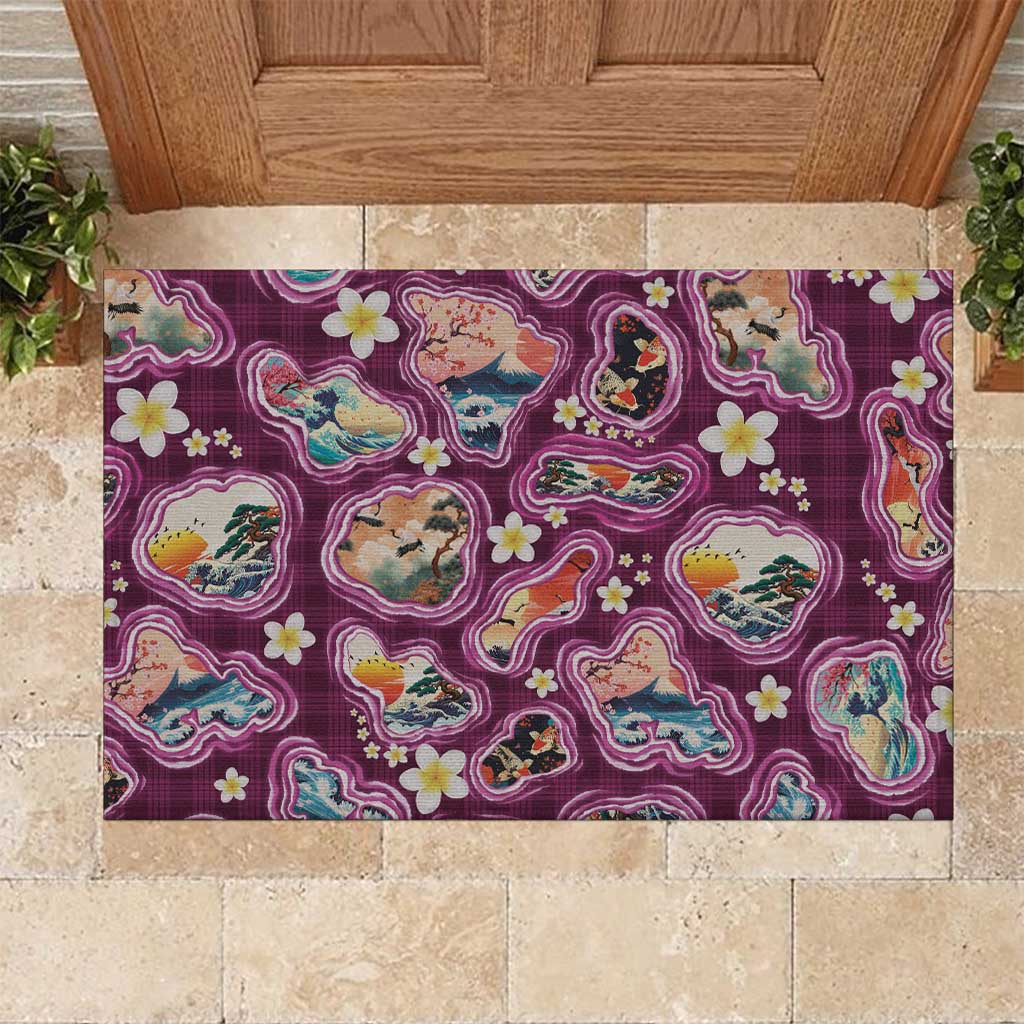 Hawaii Islands Map Design with Japanese Landscape Rubber Doormat Hawaiian Japan Fusion Art Pink Color LT03 Pink - Polynesian Pride