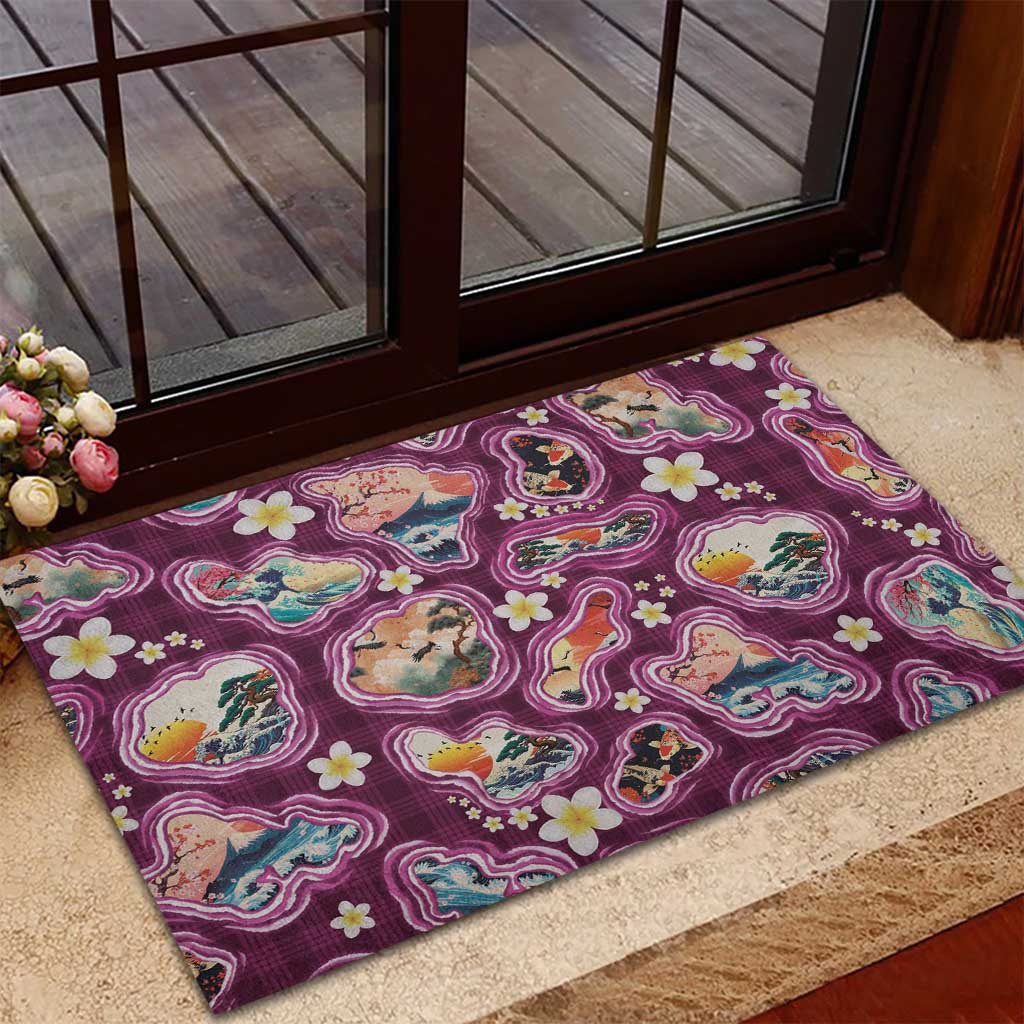 Hawaii Islands Map Design with Japanese Landscape Rubber Doormat Hawaiian Japan Fusion Art Pink Color LT03 - Polynesian Pride