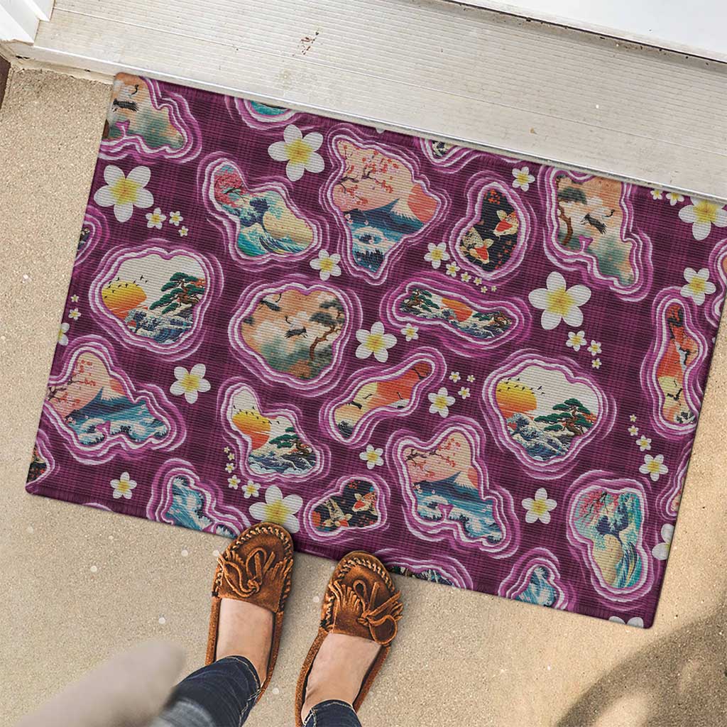 Hawaii Islands Map Design with Japanese Landscape Rubber Doormat Hawaiian Japan Fusion Art Pink Color LT03 - Polynesian Pride